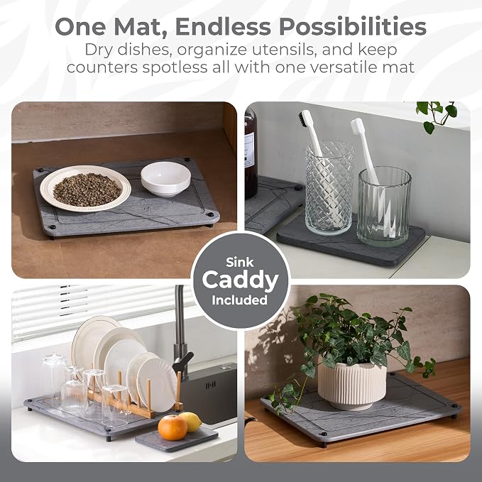 Stone Drying Mat for Kitchen Counter + Sink Caddy | 15.7"x11.8" Diatomaceous - Image 5