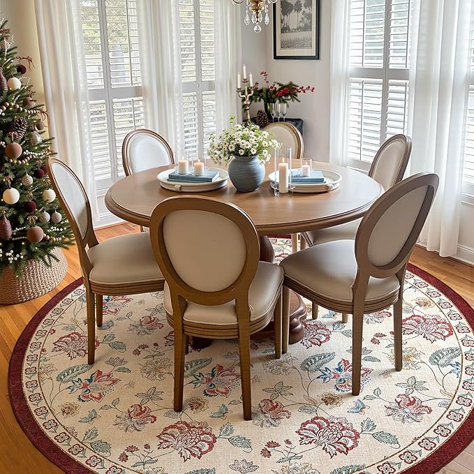 jinchan Elora 7ft Floral Round Rug for Washable Living Room Rug Vintage Romance Christmas Design Non Slip Indoor Floor Cover Lightweight Low-Profile Throw Carpet for Bedroom Porch, Red/Beige
