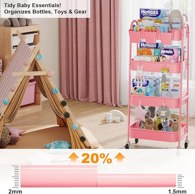 4 Tier Rolling Cart Metal with Lockable Wheels, Four Tiered Pink Trolley Cart - Image 2