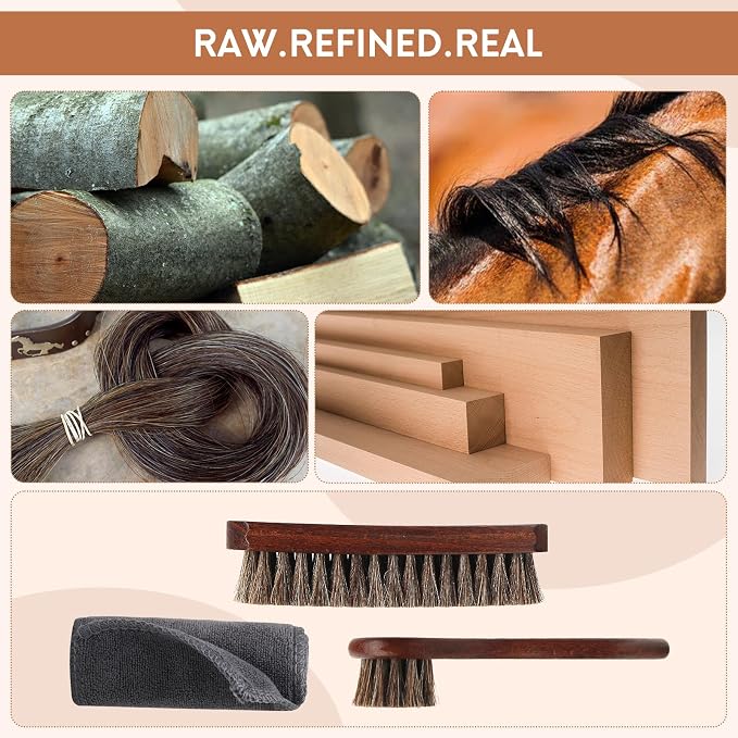 3pcs 100% Horse Hair Shoe Brush Kit Shoe Shine Kit Beech Wood Leather Care Set - Image 3