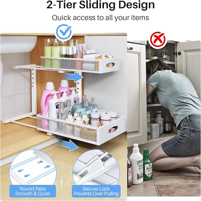Under Sink Organizer, 2 Pack 2 Tier Pull Out Under Cabinet Organizer Shelf - Image 5