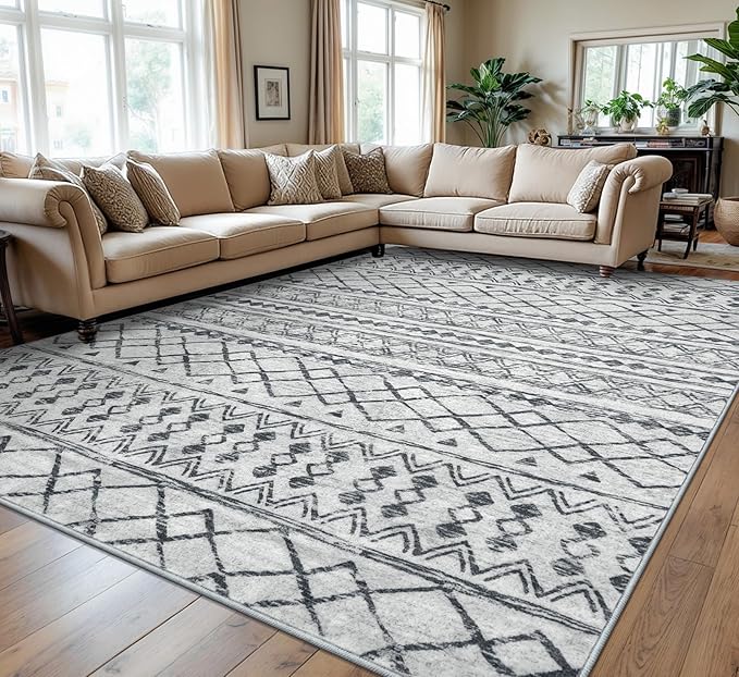 KUTA Washable Rugs 9x12 Grey, Moroccan Boho Large Area Rug Non-Slip, Ultra Soft Geometric Tribal Traditional Farmhouse Carpet for Living Room Dining Room Bedroom Dorm Office Home Decor