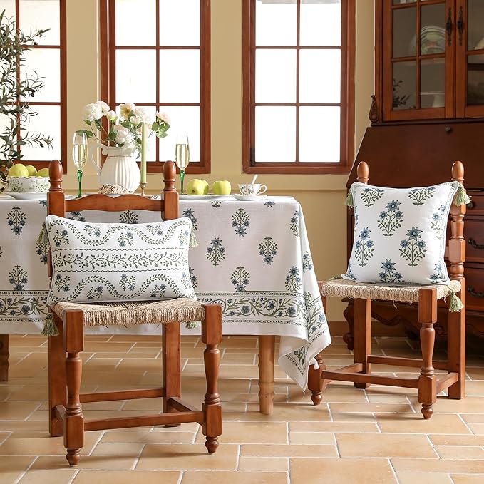 ISAENNE Design Fresh Linen Rectangular Throw Pillow Covers 12"x20" Pack of 2, French White Cottage Cushion Covers with Green Branches Pattern Decoration Pillowcases for Bed,Living Room,Outdoor,Car
