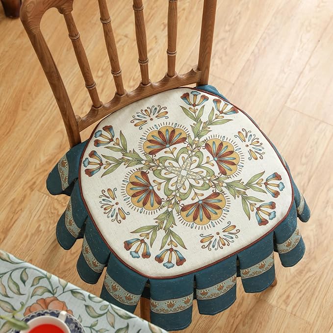 patdrea Pack of 2 Chair Cushions for Dining Chairs with Ruffled, Blue Wensel Floral Seat Cushion with Ties,Non Slip Chair Pads Decor for Bar Stool Cushions, Indoor Kitchen Chairs, 17.7"x17.7"