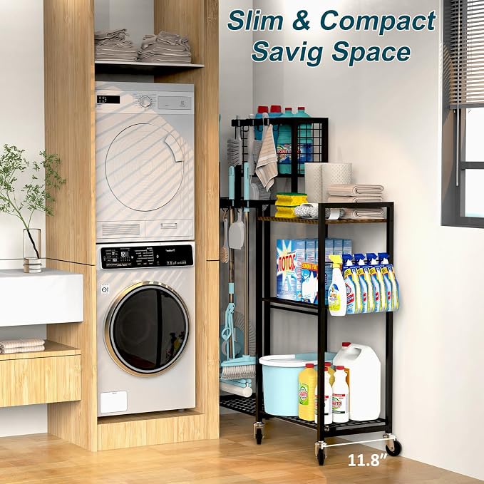 Broom Holder with Cleaning Supplies Organizer, Cleaning Cart with Broom Hanger - Image 4