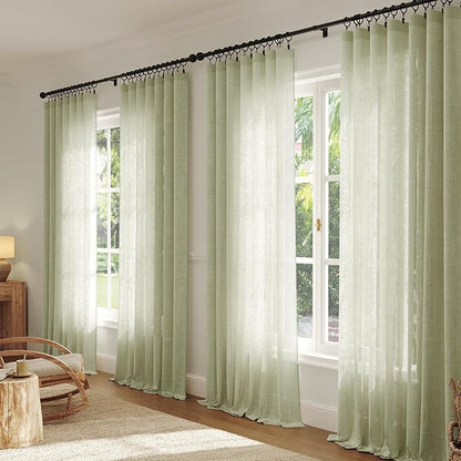 Anmao Natural Linen Curtains for Living Room 80 Inch Length 2 Panels Set, Light Filtering Semi Sheer Window Curtain Drapes for Bedroom with Curtain Rings and Clips, 52Wx120L, Sage Green