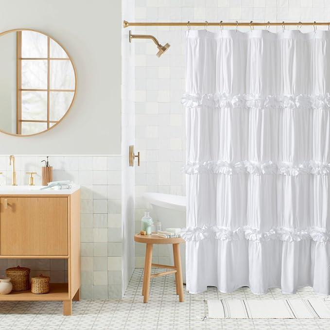 Victorian Ruffle Shower Curtain 60" x 72" White, Ruched Microfiber Vintage by Homechoice+Decor