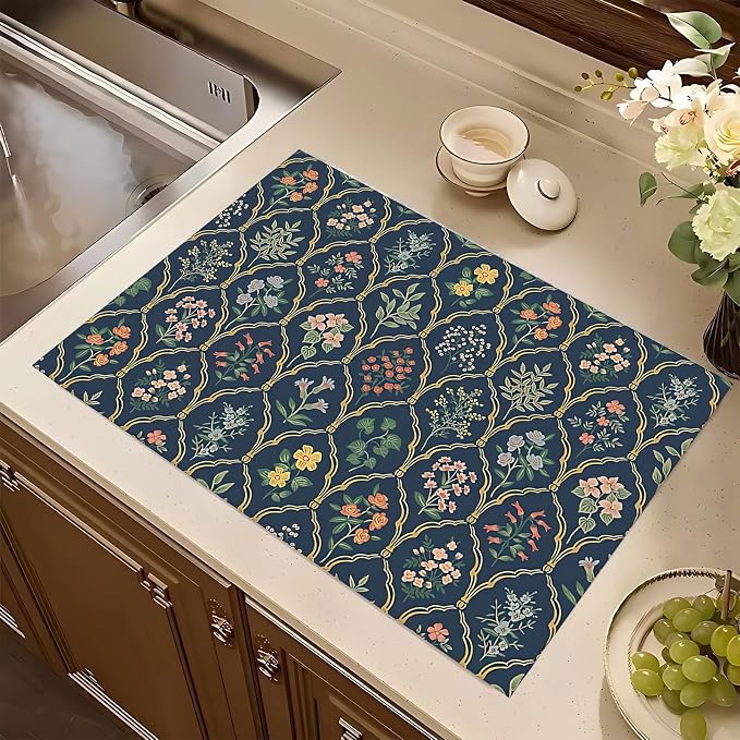 Vintage Flowers Dish Drying Mat 18x24 inches Microfiber Absorbent Fast Dry Mat - Image 5