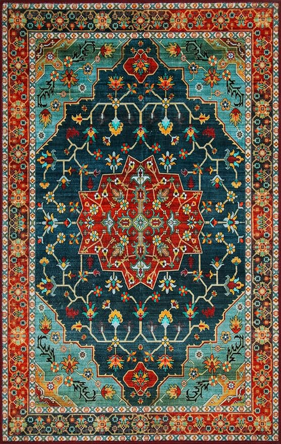 WILLSUN Washable Area Rugs, 6x9 Non-Slip Boho Large Area Rugs for Living Room, Bedroom, Machine Washable Vintage Rug, Indoor Floral Print Carpet for Home Decor, Kid & Pet Friendly Mat