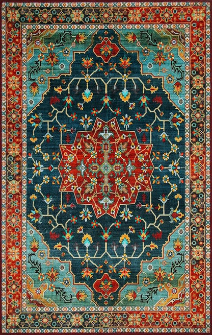 WILLSUN Washable Area Rugs, 6x9 Non-Slip Boho Large Area Rugs for Living Room, Bedroom, Machine Washable Vintage Rug, Indoor Floral Print Carpet for Home Decor, Kid & Pet Friendly Mat