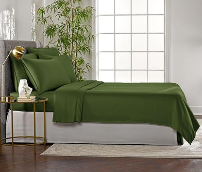 Pure Bamboo Queen Sheets, Genuine 100% Organic Viscose Derived from Bamboo Bed Sheet Set, Luxuriously Soft & Cooling, Double Stitching, 2 Year Quality Promise (Queen, Pesto)