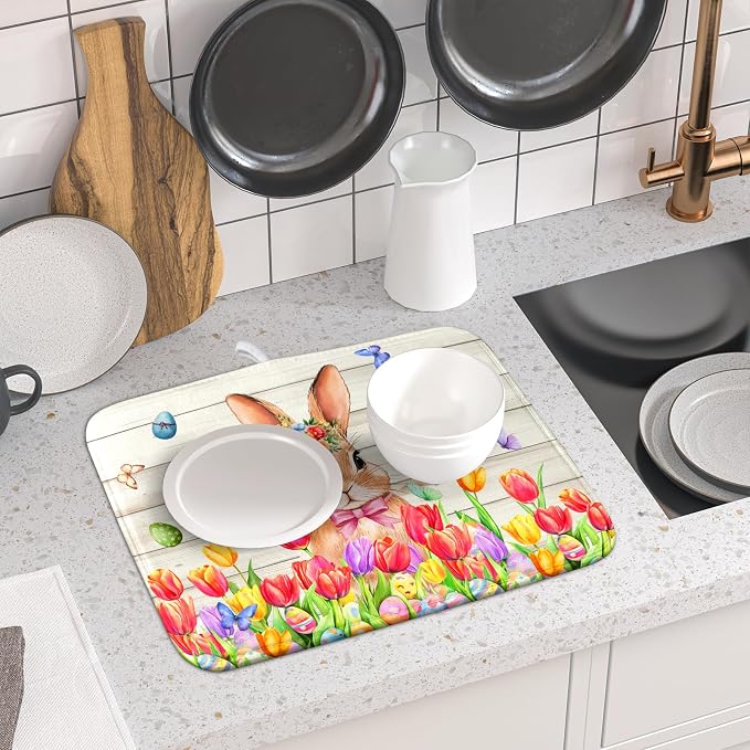Easter Bunny Dish Drying Mat 16x18 inch Eggs Floral Fast Drying Pad Washable - Image 6