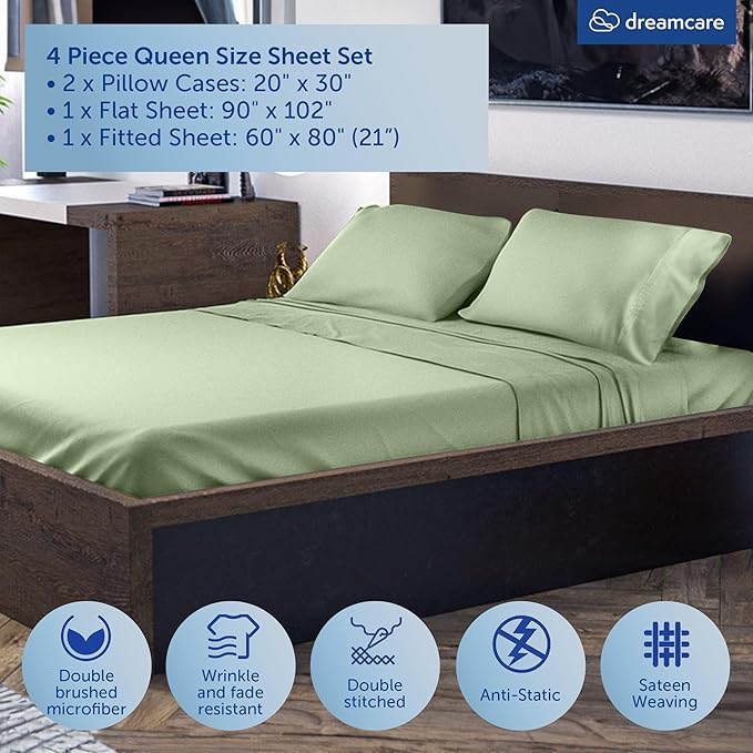 DREAMCARE Queen Sheet Set – 4 pcs Cooling Sheets – up to 21” Extra Deep Pocket Queen Sheets – Hotel Luxury Pillowcases – Superior Softness 100% Microfiber with Side Pocket - Sage Green
