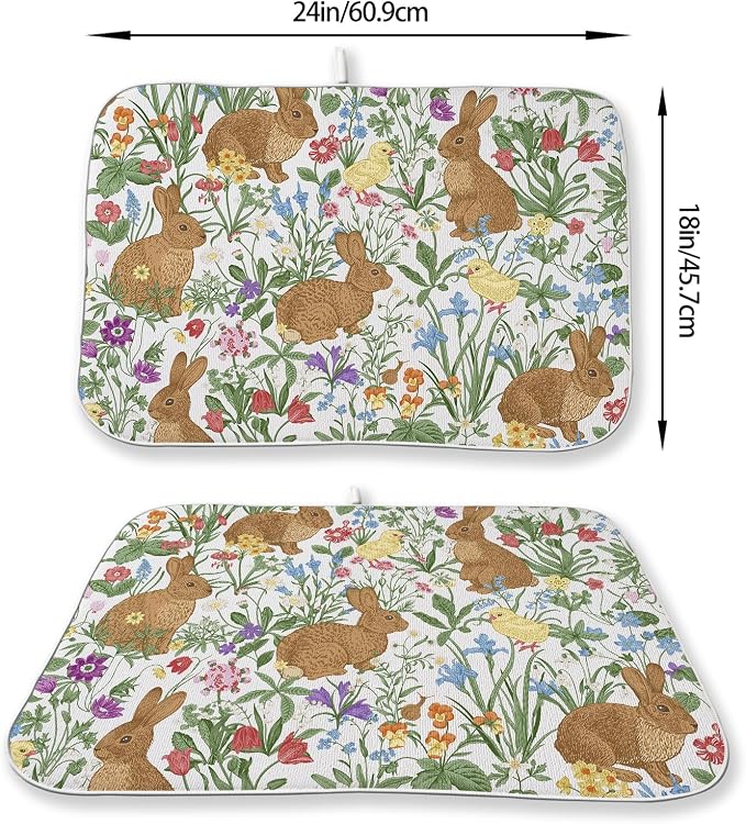 Spring Dish Drying Mat 18x24 Inch Easter Rabbit Bunny Floral Drying Mat Sage - Image 2