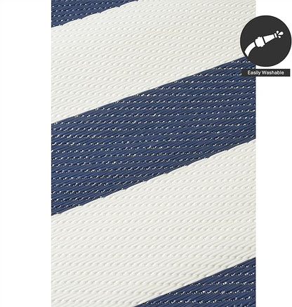 FH Home Outdoor Rug - Waterproof, Fade Resistant, Reversible - Premium Recycled Plastic - Striped - Large Patio, Deck, Sunroom, Camping, RV - Brittany Stripe - Blue & White Crease Free - 5 x 8 ft