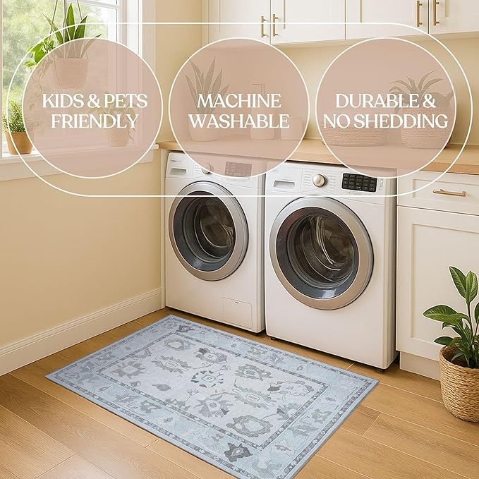 Fame Living Cream Beige Oushak Rug, Modern Small Rugs, Vintage, Turkish, Eclectic, Floral, Pastel, Washable, Door Mat, Doormat for Indoor Entrance, Entryway, Kitchen, Bathroom, Bedroom, Laundry, 2'x3'
