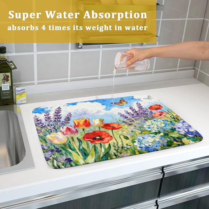 Spring Floral Dish Drying Mat for Kitchen Counter 18x24 Green Purple Blue - Image 7