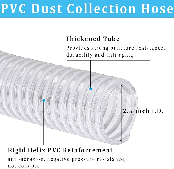 Dust Collection Hose 2-1/2 in × 10 ft Heavy Duty Clear Flexible PVC Reinforced - Image 2