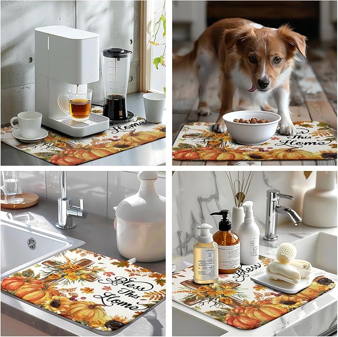 Fall Drying Mat for Kitchen Counter Autumn Thanksgiving Pumpkin Cross Dish Mat - Image 7