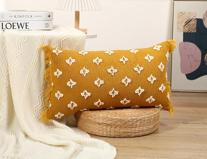 Boho Long Lumbar Pillow Cover 12x26 with Tassel,3D Flower Patterned Cotton Decorative Long Lumbar Pillow Cover Pillow Case for Sofa Couch Bed Livingroom Farmhouse,Yellow