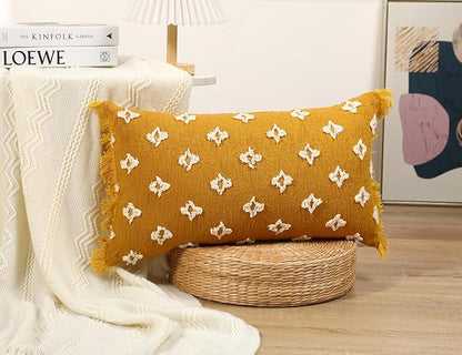 Boho Long Lumbar Pillow Cover 12x26 with Tassel,3D Flower Patterned Cotton Decorative Long Lumbar Pillow Cover Pillow Case for Sofa Couch Bed Livingroom Farmhouse,Yellow