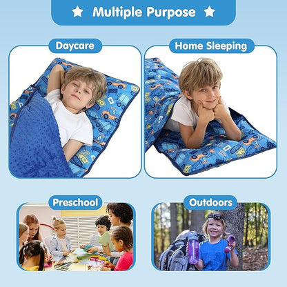 Viviland Toddler Kid Nap Mat for Preschool, Boys Blue Car Slumber Bag, Daycare Sleeping Bag with Pillow and Blanket, Kindergarten Sleep Mat
