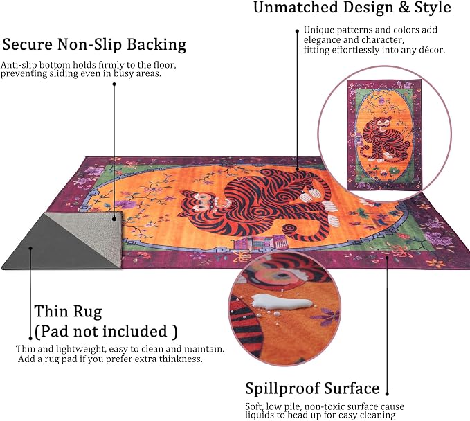 Tiger Rug Washable 4x6 ft Oriental Traditional Animal Print Vintage Fuchsia - Image 5