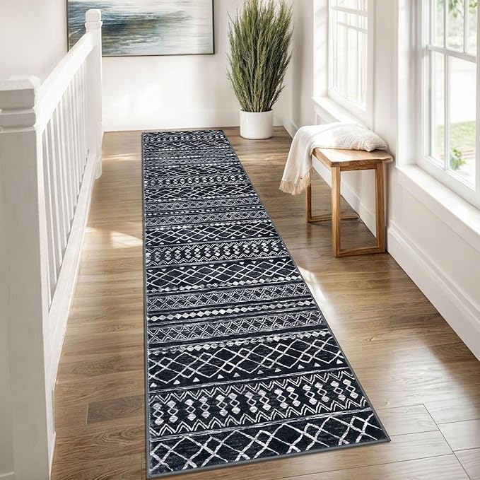 KUTA Boho Runners for Hallways 2x8 Black Moroccan Washable Runner Rug Non-Slip Vintage Kitchen Rugs Ultra Soft Distressed Geometric Floor Carpet for Bedroom Laundry Living Room