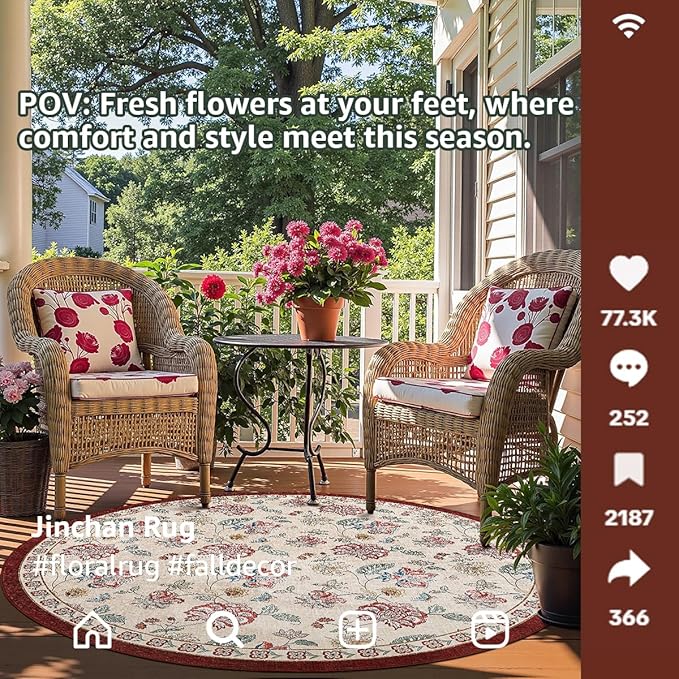 jinchan Elora 7ft Floral Round Rug for Washable Living Room Rug Vintage Romance Christmas Design Non Slip Indoor Floor Cover Lightweight Low-Profile Throw Carpet for Bedroom Porch, Red/Beige