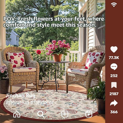 jinchan Elora 7ft Floral Round Rug for Washable Living Room Rug Vintage Romance Christmas Design Non Slip Indoor Floor Cover Lightweight Low-Profile Throw Carpet for Bedroom Porch, Red/Beige