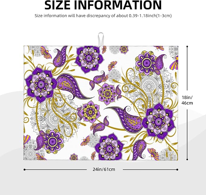 Purple Flower Kitchen Drying Mat Boho Floral Microfiber Dish Drainer Mat - Image 2
