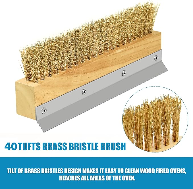 Wood Brush Head with Steel Scraper 9.6 Inch Pizza Oven Brush Brass Bristles - Image 2