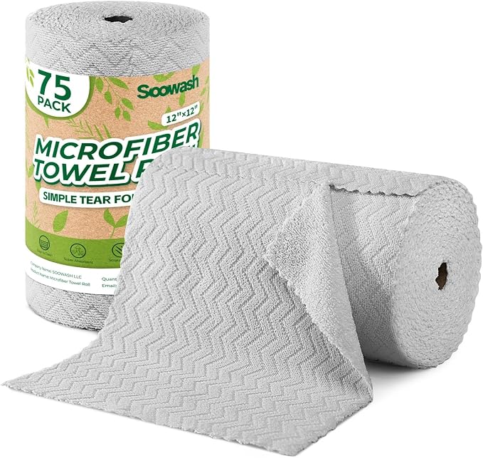 Microfiber Cleaning Cloths Roll, 75 Pack Tear Away Microfiber Towels Roll by SOOWASH