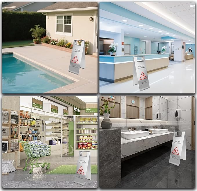 4 Pcs Stainless Steel Wet Floor Caution Sign, 24 Inch Portable Handle Bilingual - Image 7