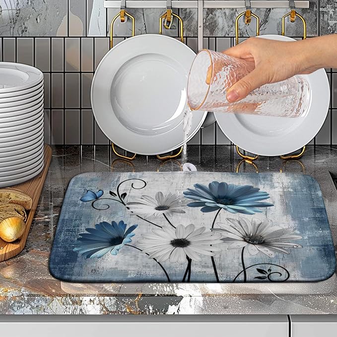 Dish Drying Mat for Kitchen Counter 16x18 Inch Blue Grey Daisy Drying Pads - Image 5