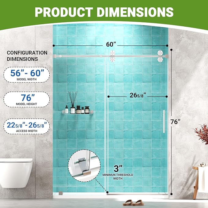 Frameless Sliding Shower Door 56–60 in W x 76 in H, 10mm Clear Tempered Glass - Image 3
