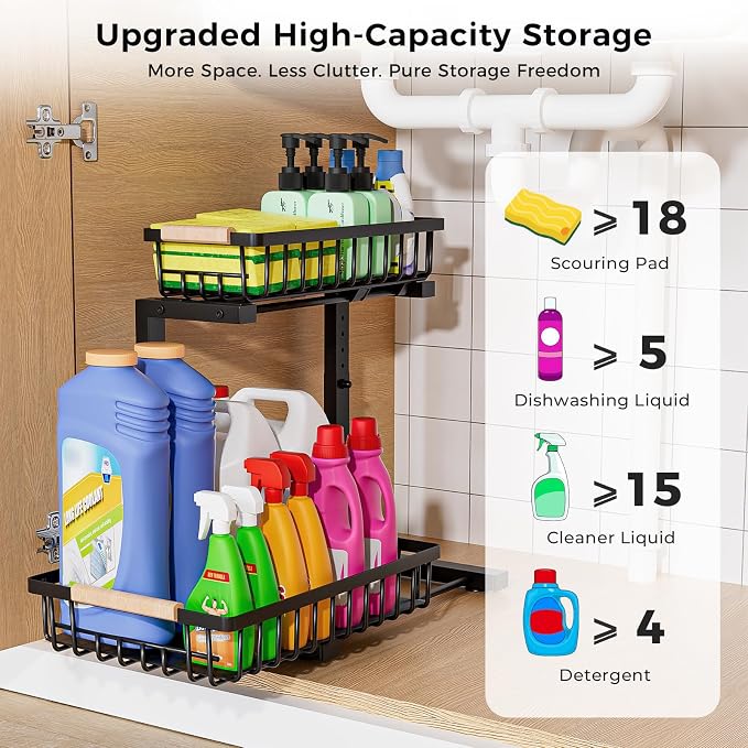 Under Sink Organizer, 2 Pack 2 Tier Under Sink Organizers and Storage, Slide - Image 3