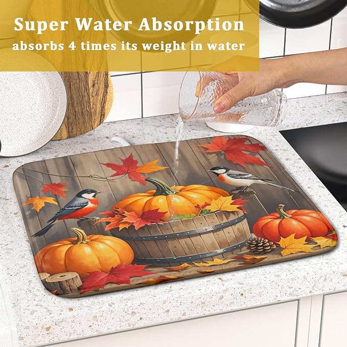 Fall Dish Drying Mat for Kitchen Counter 16x18 Autumn Pumpkin Birds Harvest - Image 7