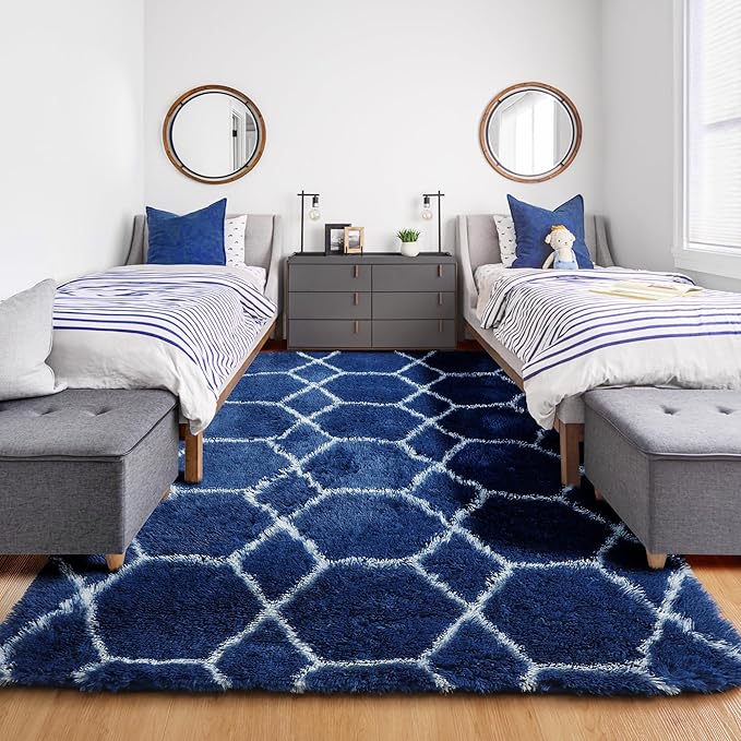 ONASAR Large 6x9 Area Rugs for Living Room, Fluffy Geometric Navy and White Rug for Boys Bedroom Home Decor Aesthetic, Soft Shaggy Plush Floor Carpet for Girls Teen Nursery Playroom Office Dorm