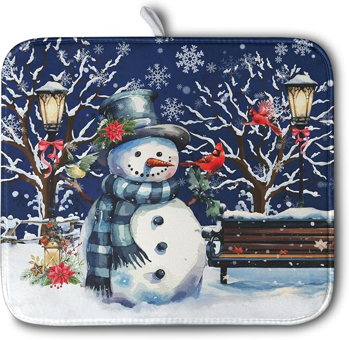 Winter Snowman Dish Drying Mat for Kitchen Counter 16x18, Xmas Snowflakes Dish by Kwlegh