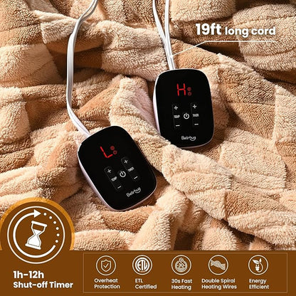 Bearhug Heated Blanket King Size 100" x 90" Dual Controller Electric Blanket, Reversible Brown Plaid Sherpa Heating Blanket, 10-Heat Levels & 1-12H Auto Off, ETL, Machine Washable