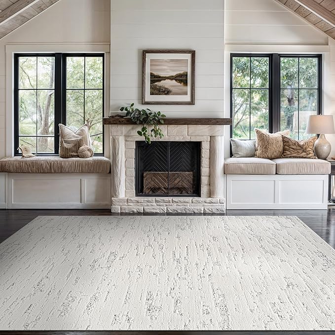 Beverly Rug Micro Loop Area Rug White/Gray 5x7 Abstract Modern Luxury Brushstroke Durable Soft Indoor Rugs for Living Dining Room Office Stain Resistant Non Shedding Casual Indoor Carpet 5 x 7