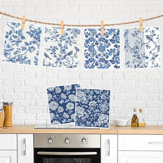 Blue Floral Swedish Dishcloths for Kitchen, 6 Pack Reusable Dish Paper Hand - Image 5