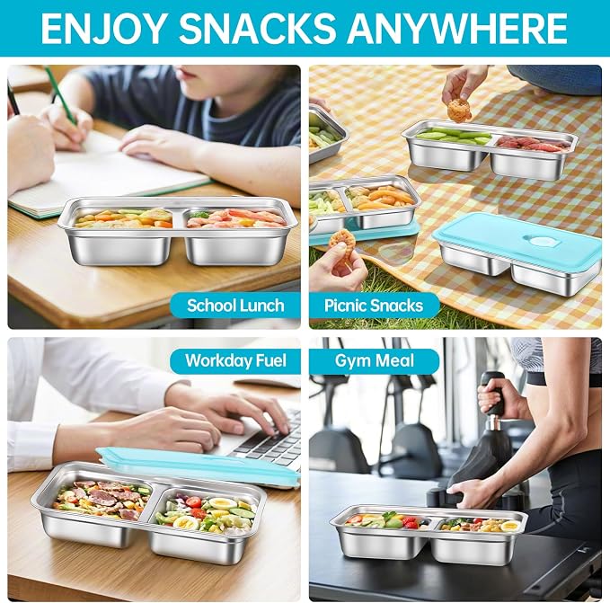 6 Pack Stainless Steel Snack Containers Reusable, Grab and Go 2 Compartment - Image 6