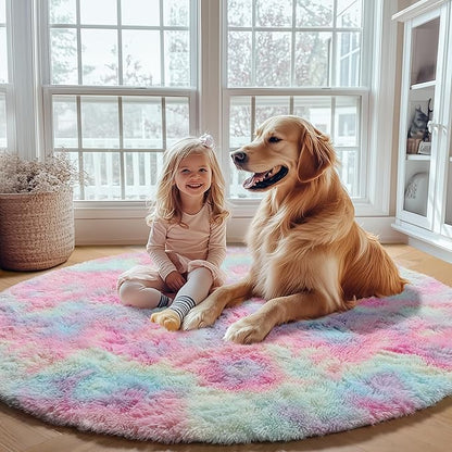 ONASAR Rainbow Round Area Rugs 5ft, Soft Bedroom Circle Rug Mats for Kids Girls Teen Room, Kawaii Fluffy Plush Shaggy Carpet for Dorm Nursery Living Room Playroom Home Decor Princess Castle