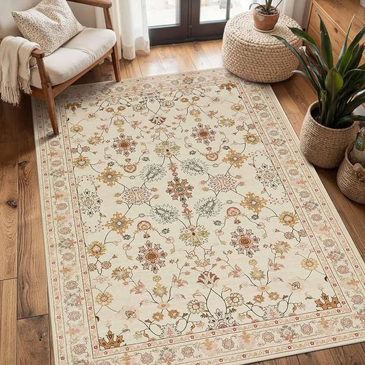Floral Rug for Living Room Bedroom, 3x5 Washable Area Rug, Vintage Boho Throw by Rugxara