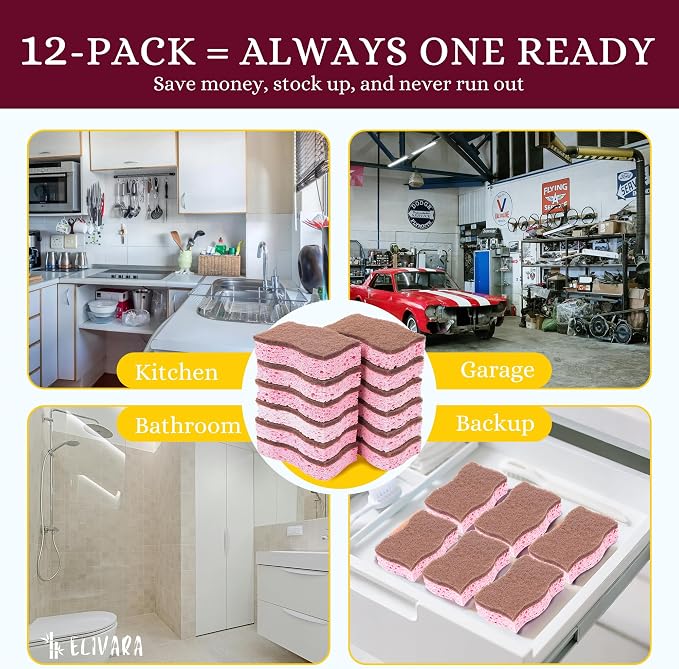 Kitchen Sponges – 12 Pack – Non-Scratch Dual-Sided Cellulose Scrub Sponges - Image 5