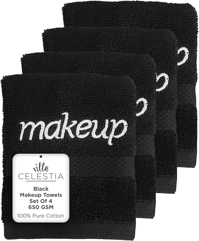 Black Makeup Remover Towels Set of 4, 100% Soft Cotton Reusable Luxury 4 Pcs by VillaCelestia