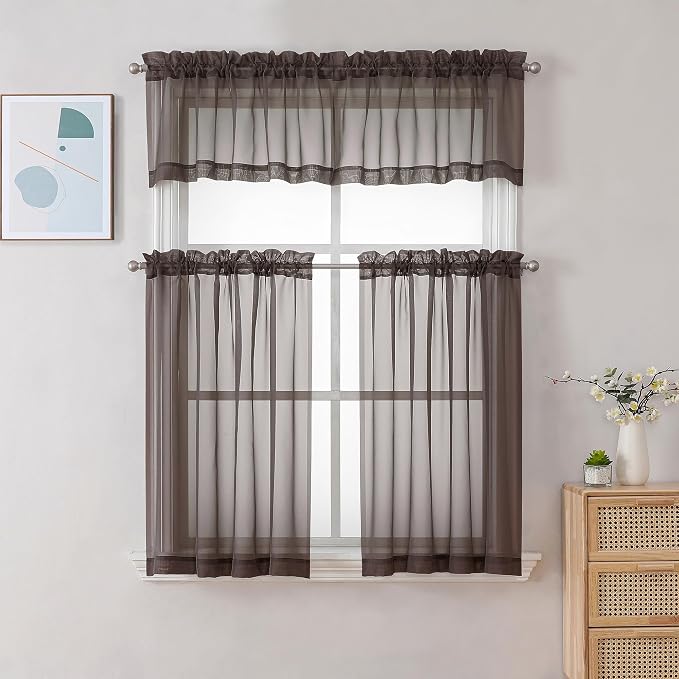 Chyhomenyc Chocolate Brown Sheer Curtains 30 inch Length 2 Panels, Light - Image 2