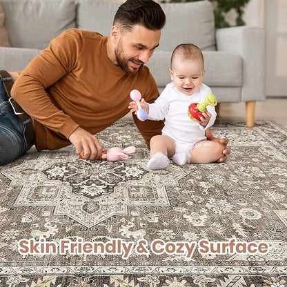 Vintage Living Room Area Rug 8x10 - Large Soft Washable Oriental Traditional Distressed Farmhouse Rugs for Bedroom - Indoor Floor Accent Carpet for Home Office House Decor - Brown
